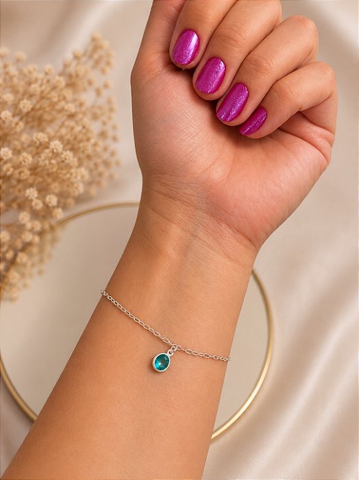 Pulseira Ponto de Luz Cor Verde Prata 19cm