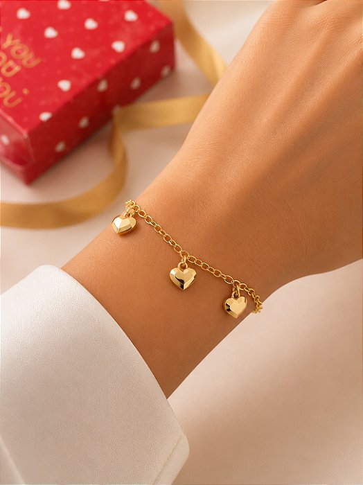 Pulseira Corações Facetado Semijoia 22cm