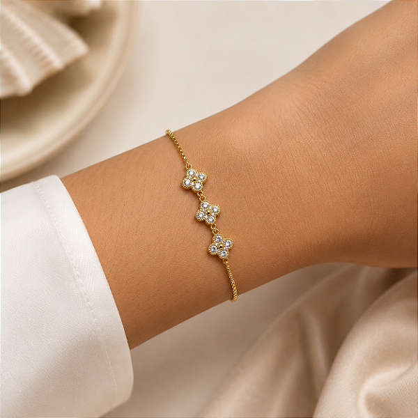 Pulseira Gravata Cravejada Trevo Semijoia 26cm