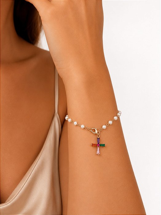 Pulseira Pérola Cruz Cor Semijoia 23cm