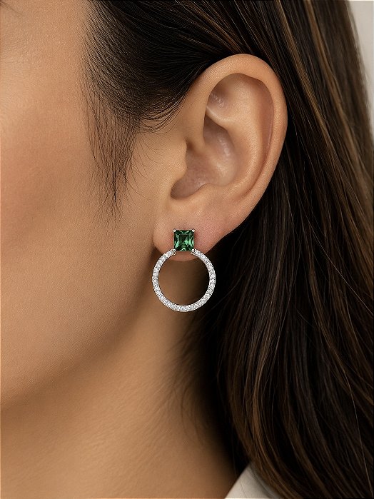 Brinco Círculo Luxo Verde Prata