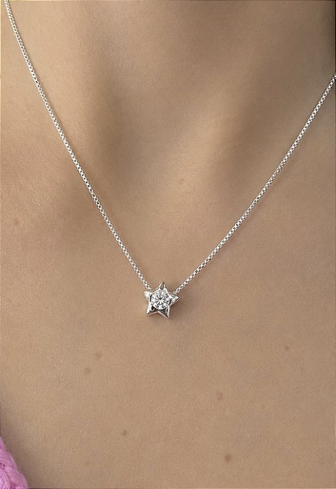Colar Estrela Ponto de Luz Prata 45cm