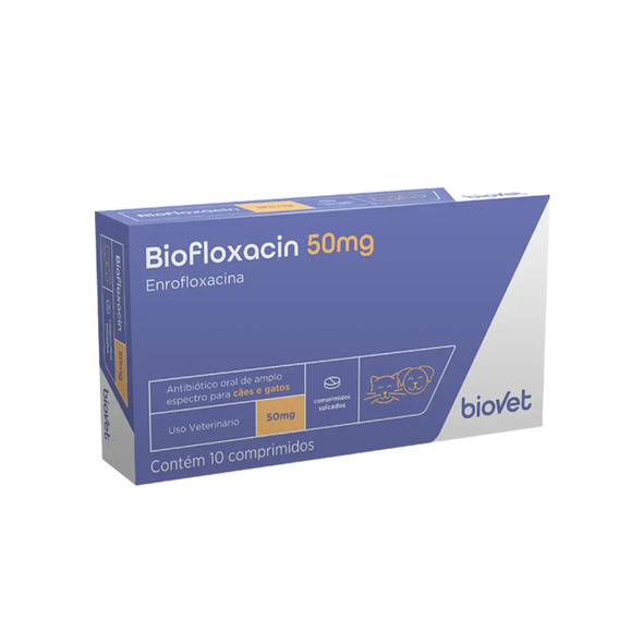 Antibiótico Biofloxacin 50mg Biovet para Cães e Gatos 10 comprimidos