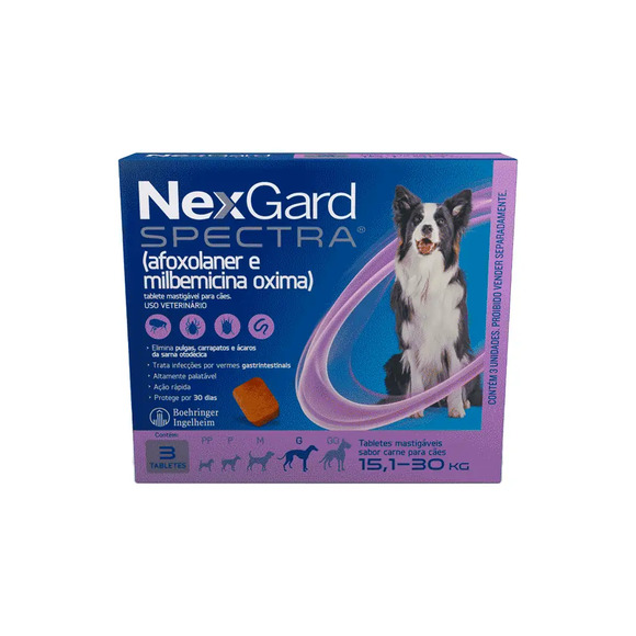 NexGard Spectra Antipulgas e Vermífugo Cães 15,1kg a 30kg 3 tabletes