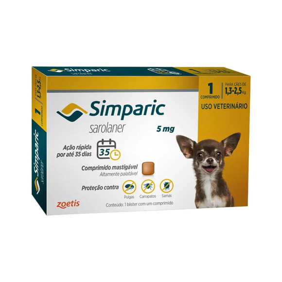 Antipulgas Simparic 5mg Para Cães 1,3 a 2,5kg 1 comprimido