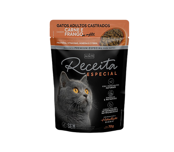 Sache Umido Rec Esp Pe Gato Adulto Castrado Carne/Frango 70Gr