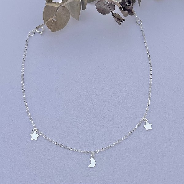 Tornozeleira em banho de prata silver com pingentes de estrela e lua