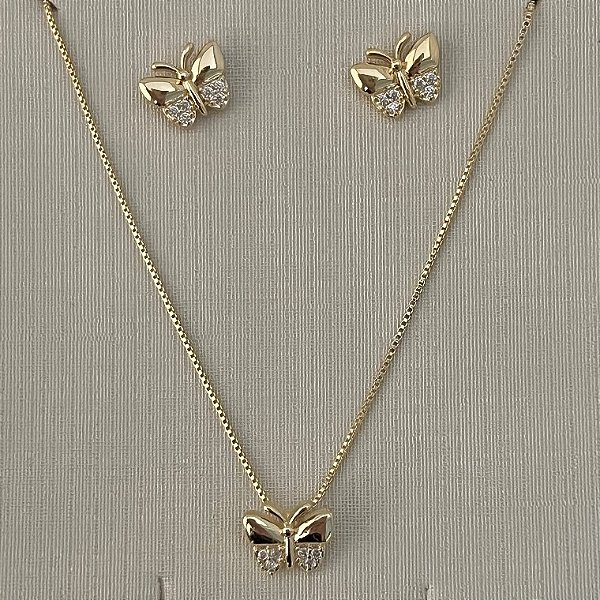 Conjunto infantil de borboleta cravejada em banho de ouro 18k