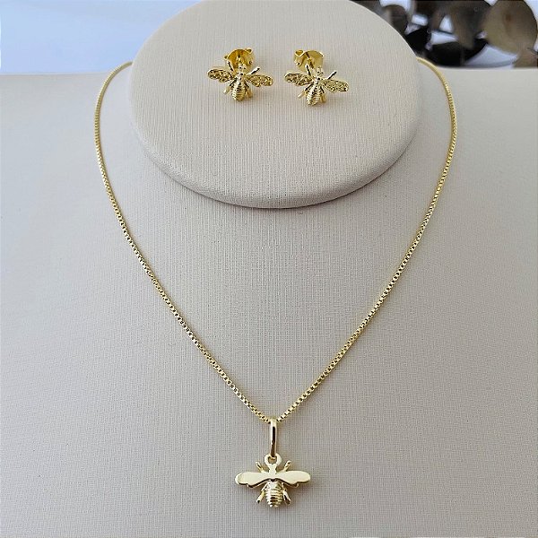 Conjunto de abelha em banho de ouro 18k