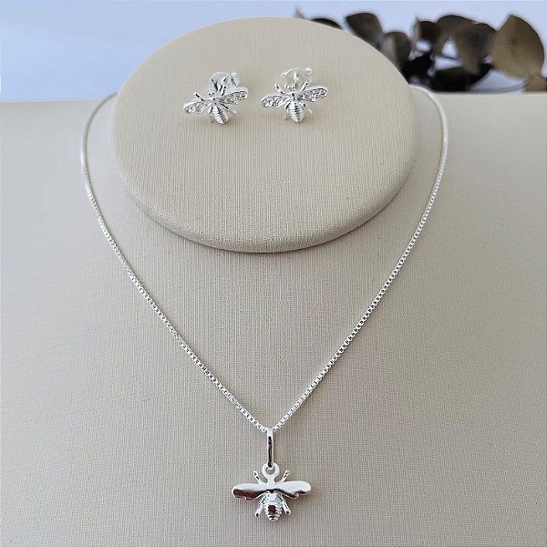 Conjunto de abelha em banho de prata silver