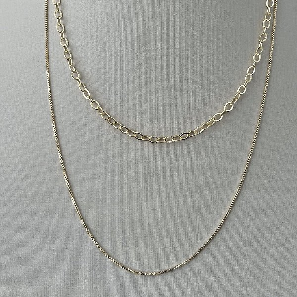 Corrente dupla veneziana e elos tradicionais em banho de ouro 18k