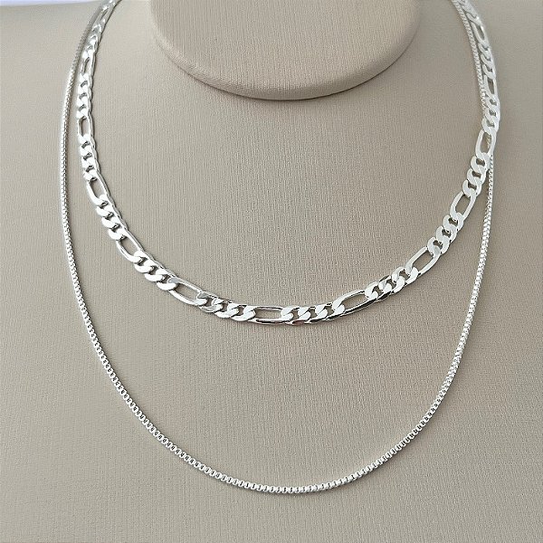 Corrente dupla de elos fígaro e veneziana em banho de prata silver