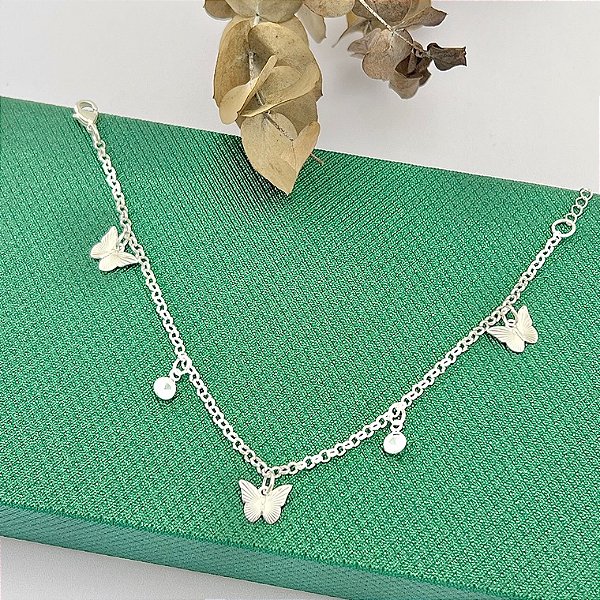 Pulseira com borboleta e pontos de luz em banho de prata silver