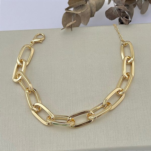 Pulseira de elos retangulares grande em banho de ouro 18k