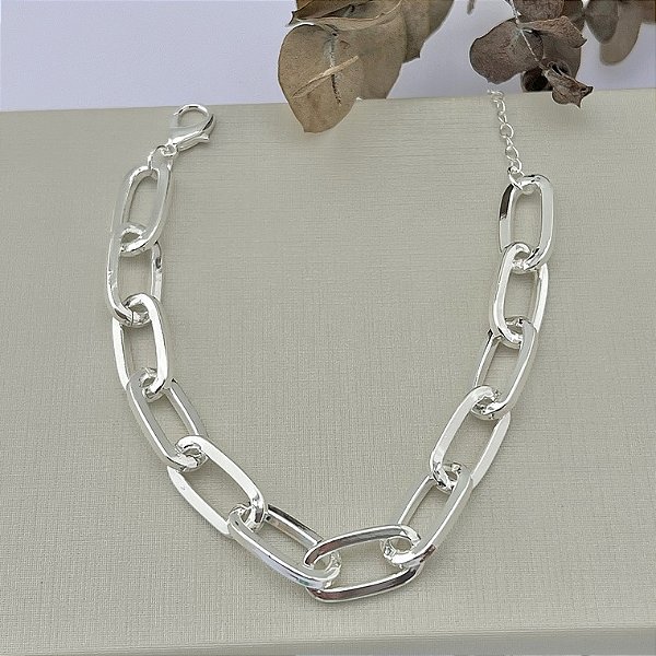 Pulseira de elos retangulares grande em banho de prata silver
