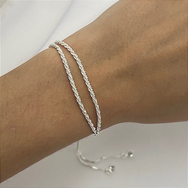 Pulseira dupla malha com fecho gravata em banho de prata silver