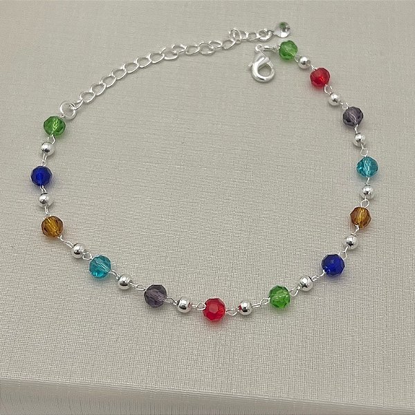 Pulseira de bolinhas lisas e coloridas em banho de prata silver
