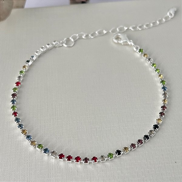 Pulseira Riviera colorida cravejada em banho de prata silver