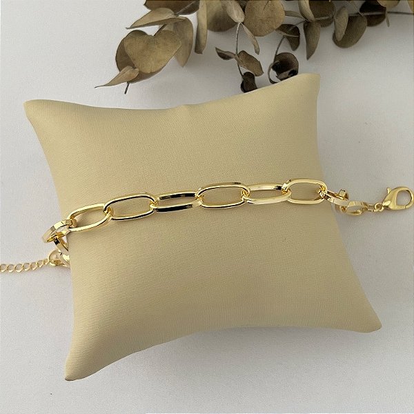 Pulseira de elos retangulares grande em banho de ouro 18k