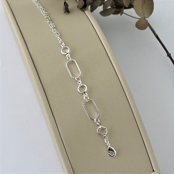 Pulseira de elos em retângulos e pontos de luz em banho de prata silver