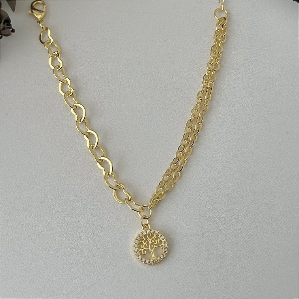 Pulseira de árvore da vida cravejada em banho de ouro 18k