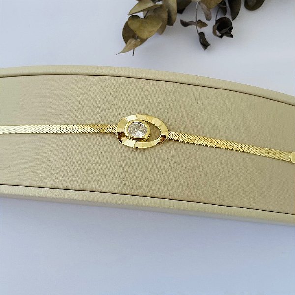 Pulseira fita com pingente orgânico com ponto de luz central em banho de ouro 18k