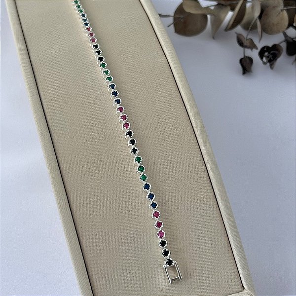 Pulseira Riviera colorida em banho de prata silver