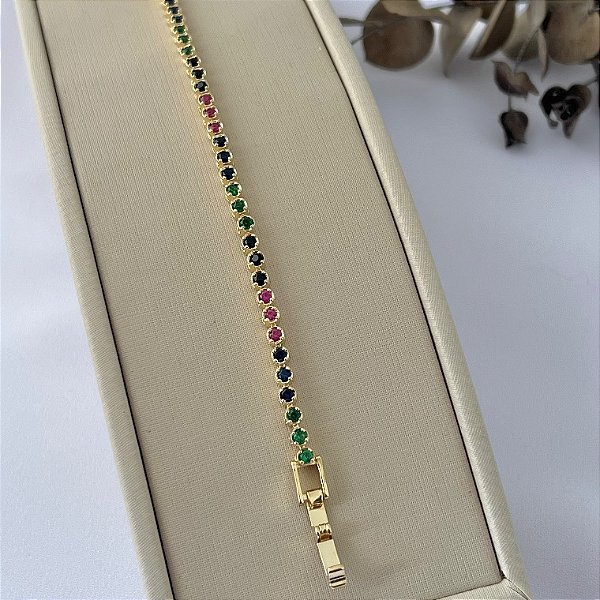 Pulseira Riviera colorida em banho de ouro 18k