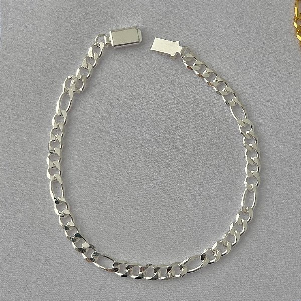 Pulseira masculina de elos grumet intercalados GG com fecho relógio em banho de prata silver