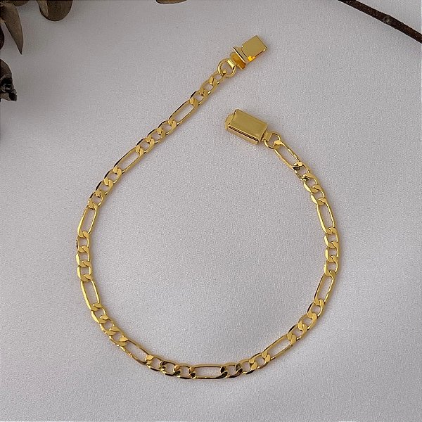 Pulseira masculina de elos grumet intercalados G com fecho relógio em banho de ouro 18k