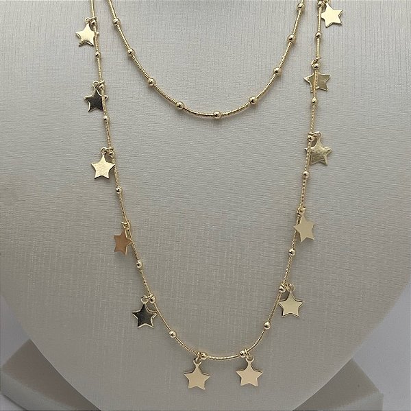 Colar duplo de bolinhas e estrelas em banho de ouro 18k