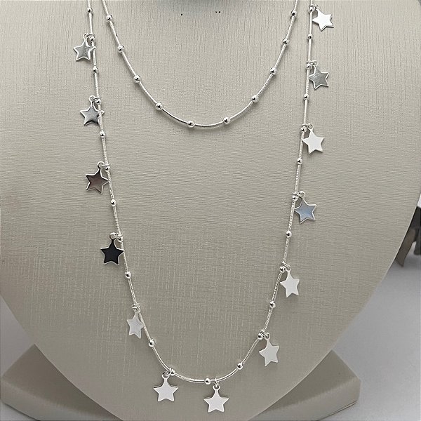 Colar duplo de bolinhas e estrelas em banho de prata silver