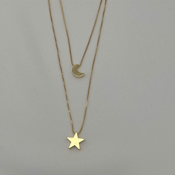 Colar duplo pingente de estrela e lua em banho de ouro 18k