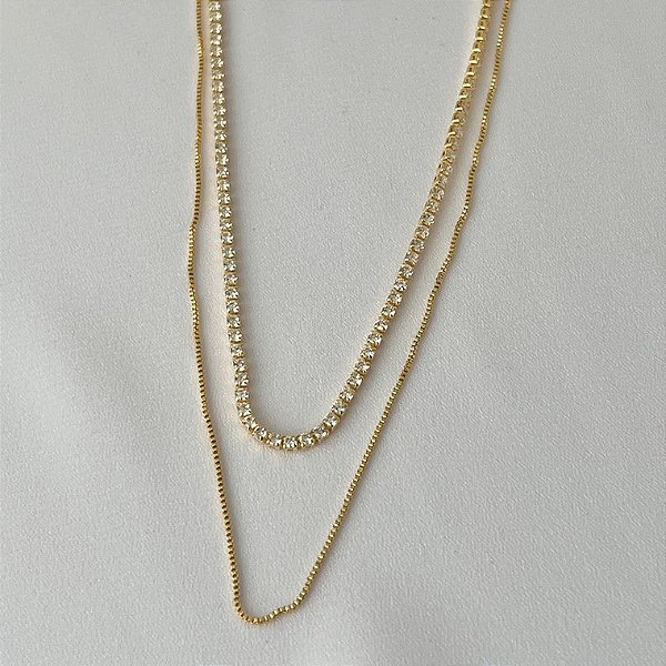 Colar duplo Riviera e veneziana em banho de ouro 18k