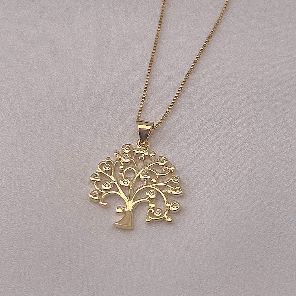 Colar árvore da vida cravejado em banho de ouro 18k