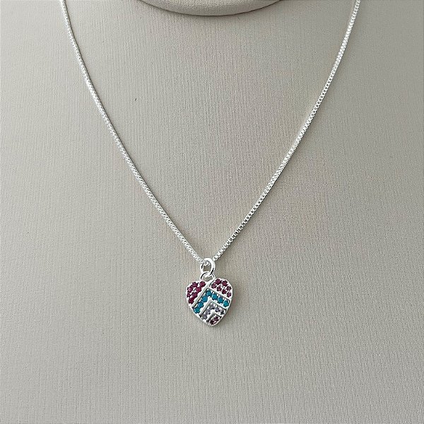 Colar de coração colorido em banho de prata silver