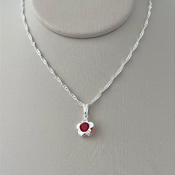 Colar de flor cores variadas em banho de prata silver