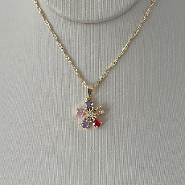 Colar flor cravejada colorida em banho de ouro 18k