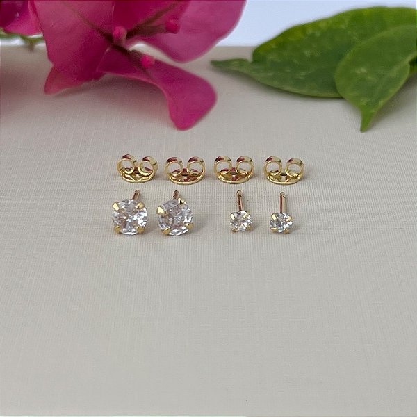 Dupla de brincos ponto de luz redondos pequenos em banho de ouro 18k