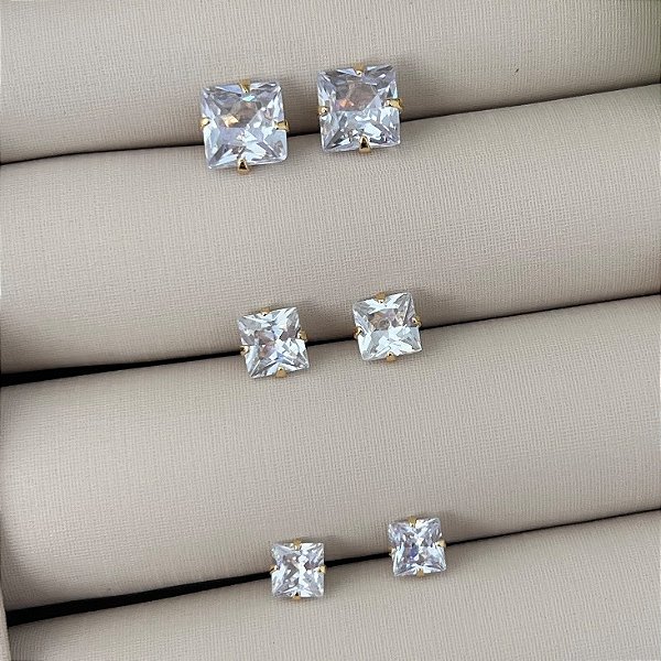 Trio de brincos ponto de luz quadrados grandes em banho de ouro 18k