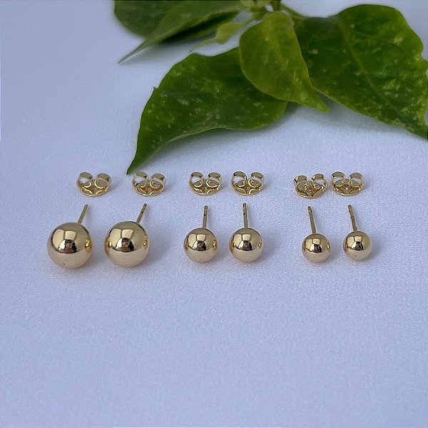 Trio de brincos de bolinha grande em banho de ouro 18k