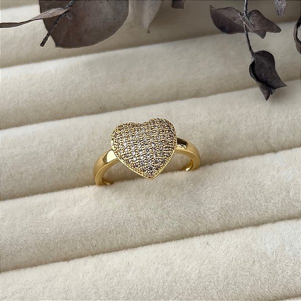 Anel aro 18 coração grande cravejado em banho de ouro 18k
