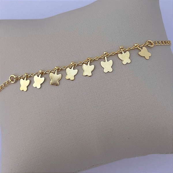 Pulseira infantil com borboletas lisas em banho de ouro 18k
