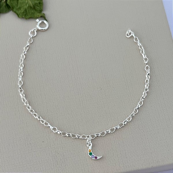 Pulseira infantil de lua cravejada colorida em banho de prata silver