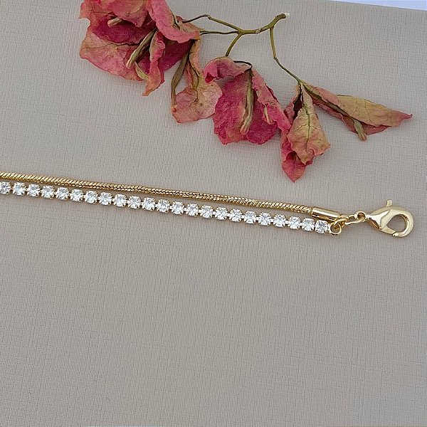 Pulseira dupla riviera e rabo de rato em banho de ouro 18k