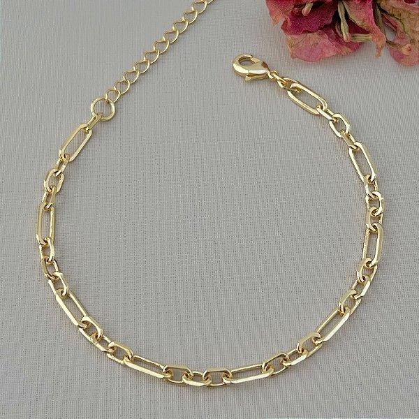 Pulseira de elos retangulares e quadrados M em banho de ouro 18k