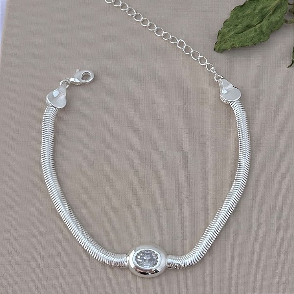 Pulseira salamandra com circulo central em zircônia em banho de prata silver