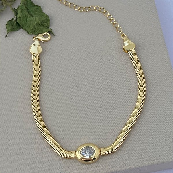 Pulseira salamandra com circulo central em zircônia em banho de ouro 18k
