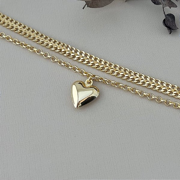 Pulseira dupla com pingente de coração abaloado em banho de ouro 18k