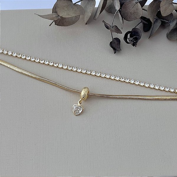 Pulseira dupla riviera e salamandra em banho de ouro 18k